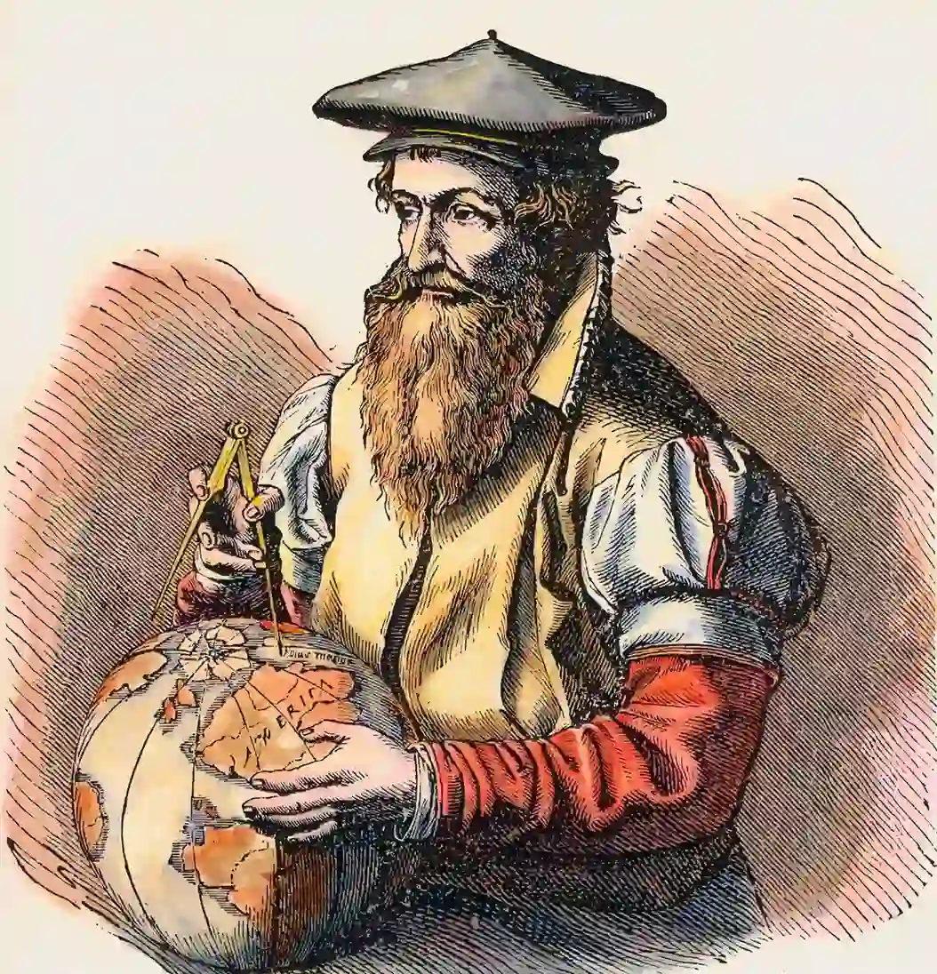 Gerardus Mercator holding a globe and compass
